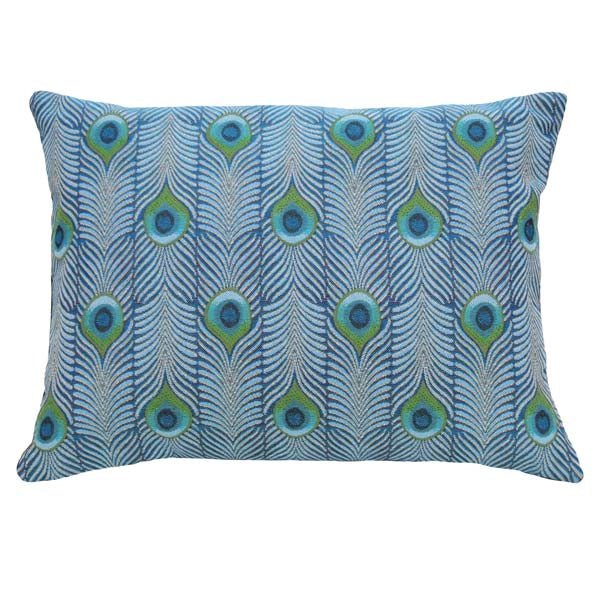 Tiffany Peacock lumbar pillow in our jacquard fabric by Rennie & Rose, inspired by a Favrile Peacock Vase, in turquoise, teal, and green tones