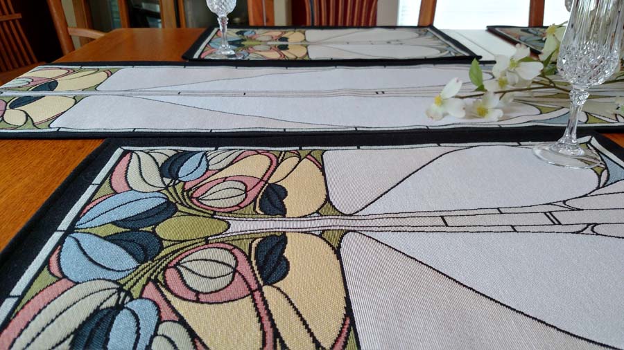 Rennie & Rose Exclusive Art Nouveau Floral Window in Peridot Placemat & Table Runner