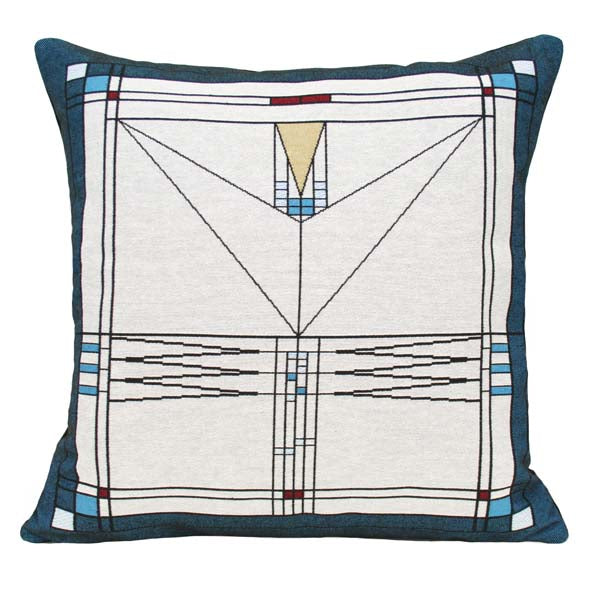 Babson House pillow by Rennie & Rose with geometric design inspired by Louis Sullivan’s 1907 Prairie-style windows, in rich colors and woven textures.