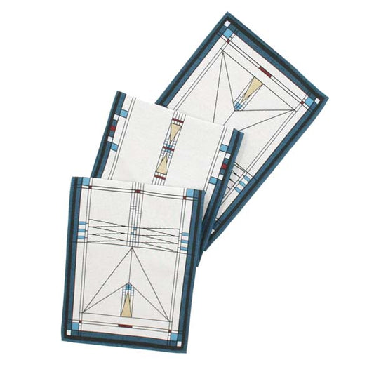 Babson House table runner by Rennie & Rose with geometric design inspired by Louis Sullivan’s 1907 Prairie-style windows, in rich colors and woven textures.