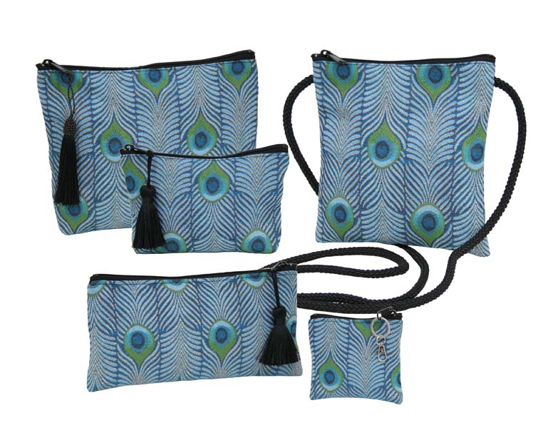 Tiffany Peacock accessories in our jacquard fabric by Rennie & Rose, inspired by a Favrile Peacock Vase, in turquoise, teal, and green tones