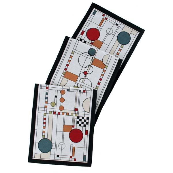 This unique design draws inspiration from the art of Calder and the beauty of contemporary stained-glass windows. A background of varied squares and rectangles forms an intricate grid, layered with scattered circles to create a sense of depth and movement.