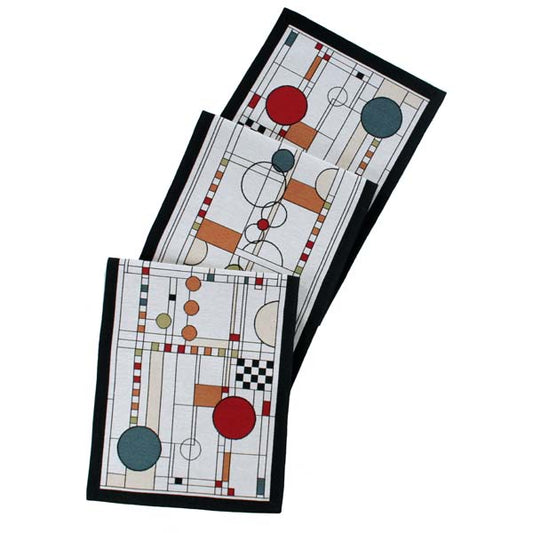 This unique design draws inspiration from the art of Calder and the beauty of contemporary stained-glass windows. A background of varied squares and rectangles forms an intricate grid, layered with scattered circles to create a sense of depth and movement.