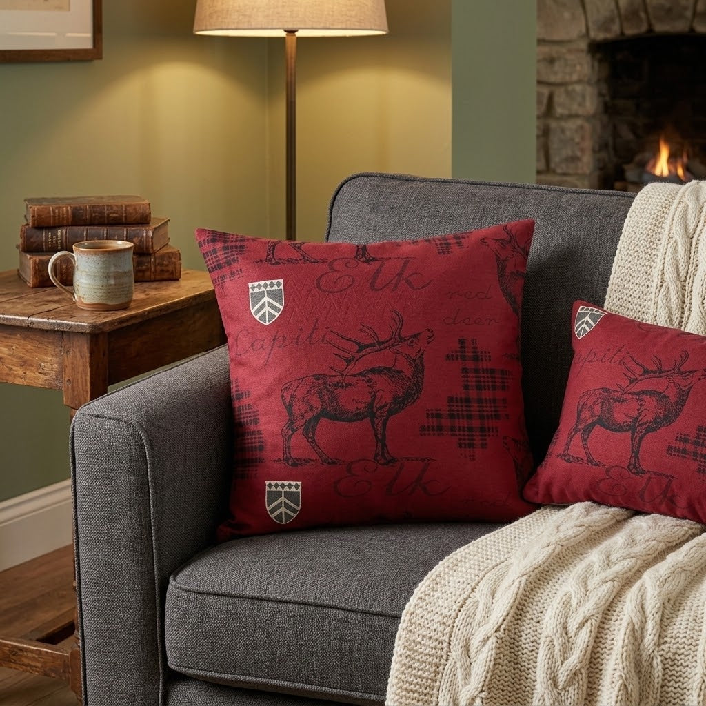 Scarlet decorative pillow with woven elk design