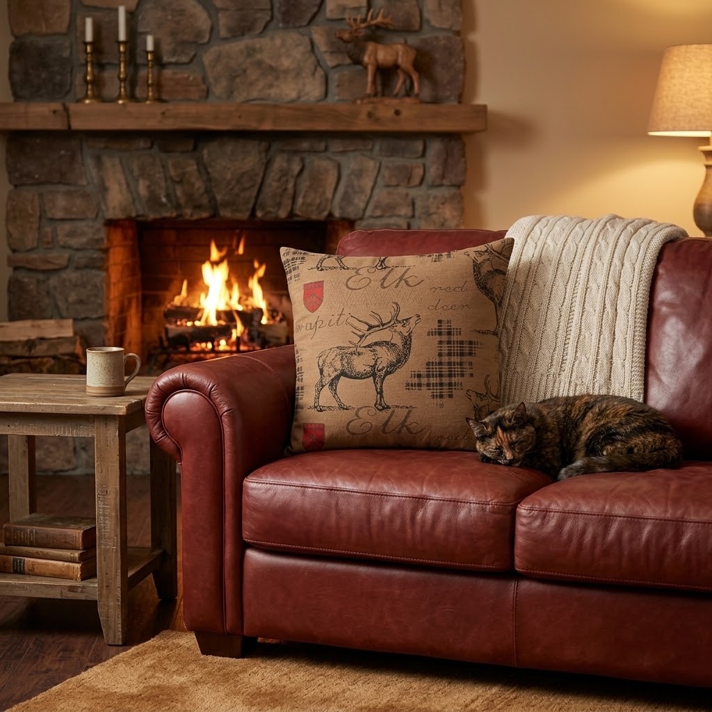 Chocolate decorative pillow with woven elk design