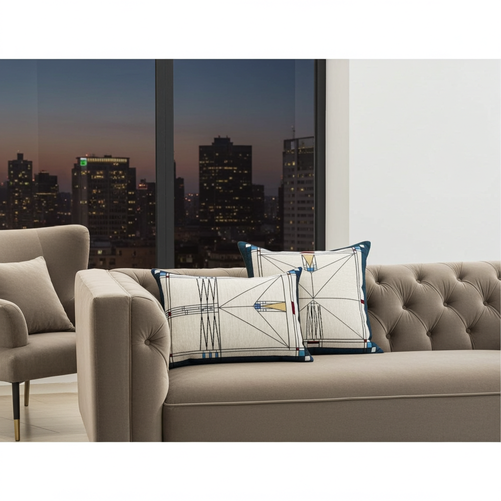 Rennie and Rose decorative throw pillows with a geometric blue, yellow, and black pattern on a cream background.