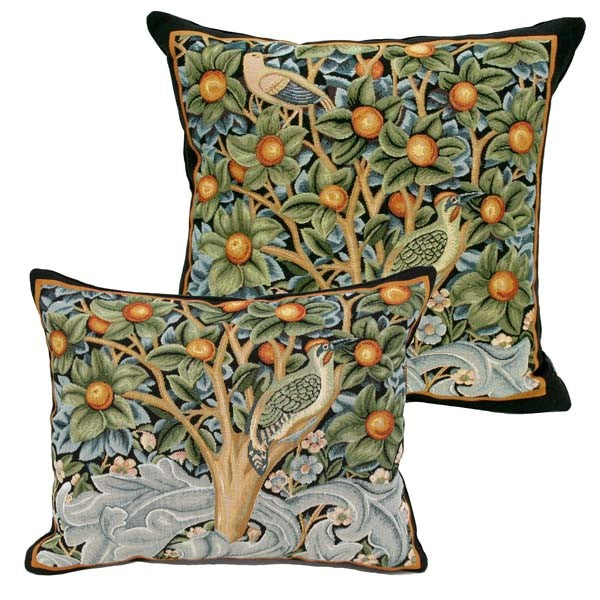 Jacquard fabric inspired by William Morris’s 1885 Woodpecker tapestry, pillows in 2 sizes are woven with rich colors and intricate detail for Rennie & Rose