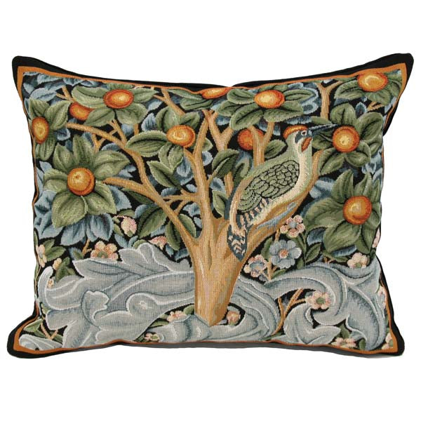 Jacquard fabric inspired by William Morris’s 1885 Woodpecker tapestry, this lumbar pillow is woven with rich colors and intricate detail for Rennie & Rose