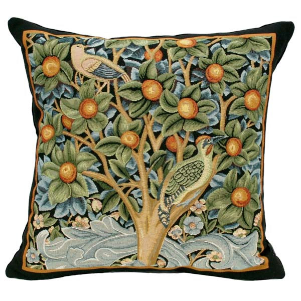Jacquard fabric inspired by William Morris’s 1885 Woodpecker tapestry, the pillow is woven with rich colors and intricate detail for Rennie & Rose