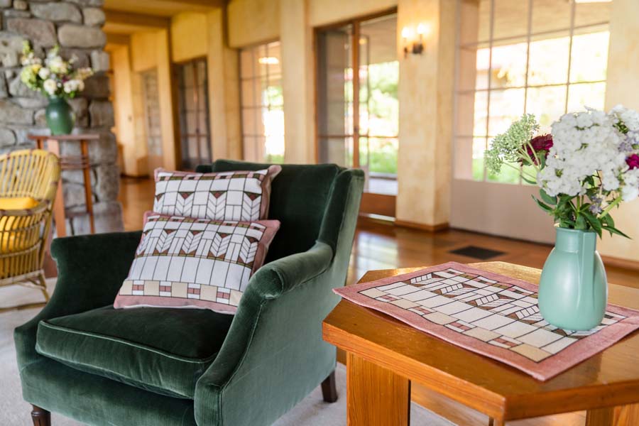 Rennie & Rose Exclusive Prairie Chevrons - Pillows and placemat at Graycliff in Buffalo NY