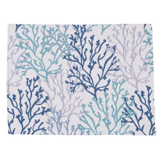 Placemat coral patterned fabric with blue and green coral-like designs on a light background