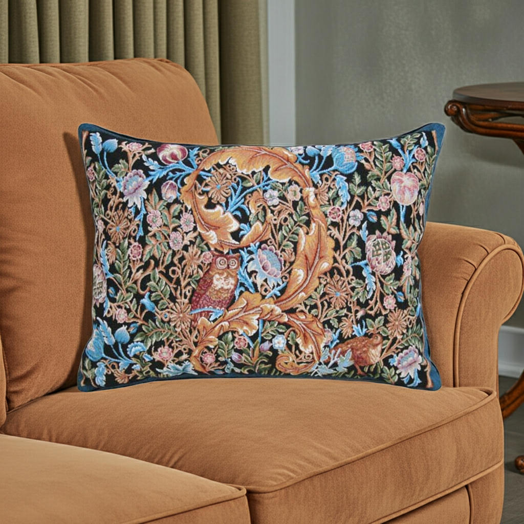 A rectangular decorative throw pillow with an intricate floral and bird tapestry-style pattern, displayed on the seat of a warm brown armchair in a living room setting.
