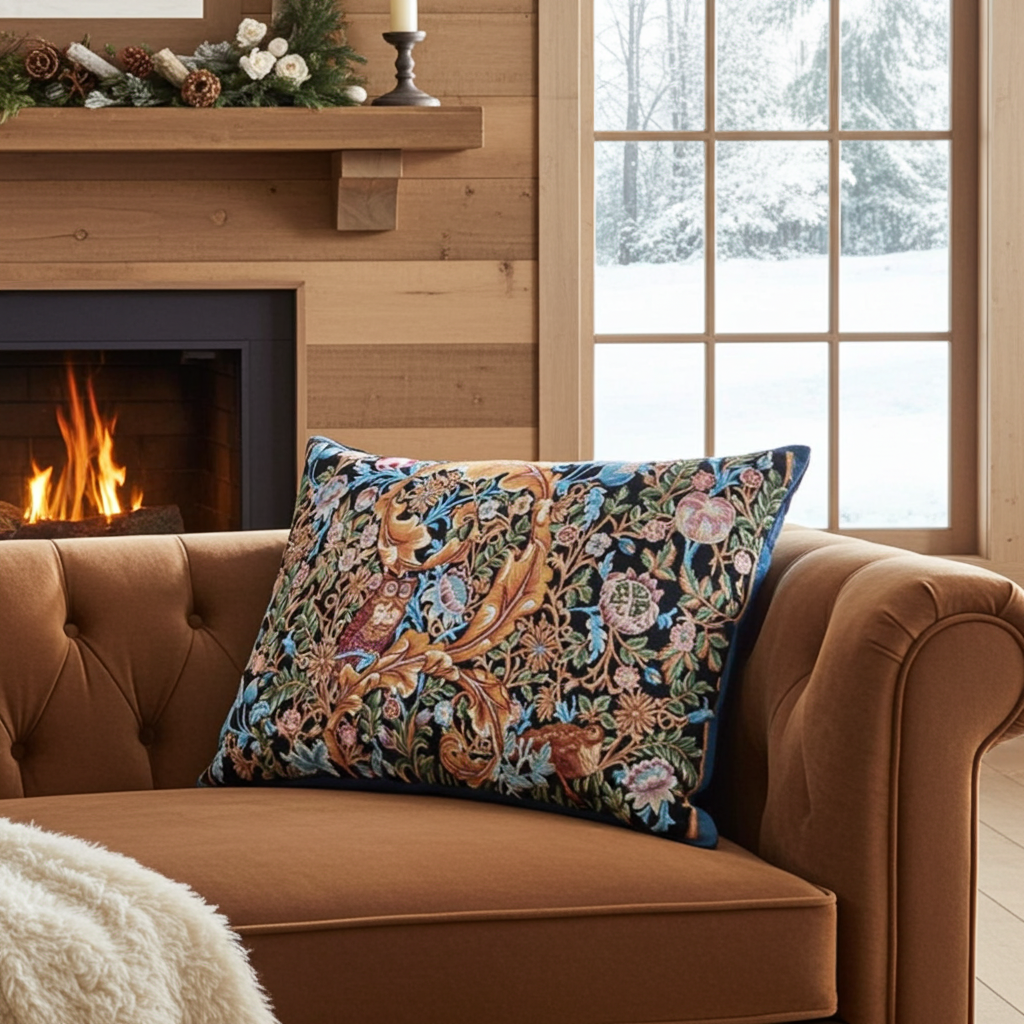 A decorative throw pillow with an intricate floral and bird pattern in blue, gold, and pink, resting on a brown tufted sofa in a cozy living room with a fireplace and a snowy window view.