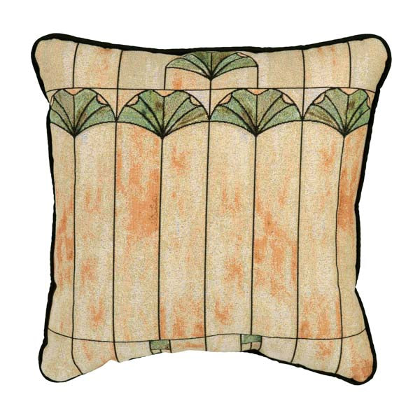 Gingko Window textile inspired by Charles Rennie Mackintosh stained-glass design in neutrals, greens, and terracotta with black accents