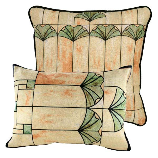 Gingko Window textile inspired by Charles Rennie Mackintosh stained-glass design in neutrals, greens, and terracotta with black accents