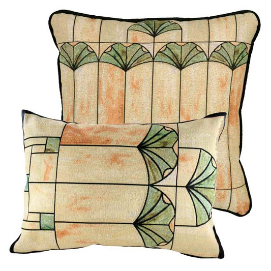 Gingko Window textile inspired by Charles Rennie Mackintosh stained-glass design in neutrals, greens, and terracotta with black accents