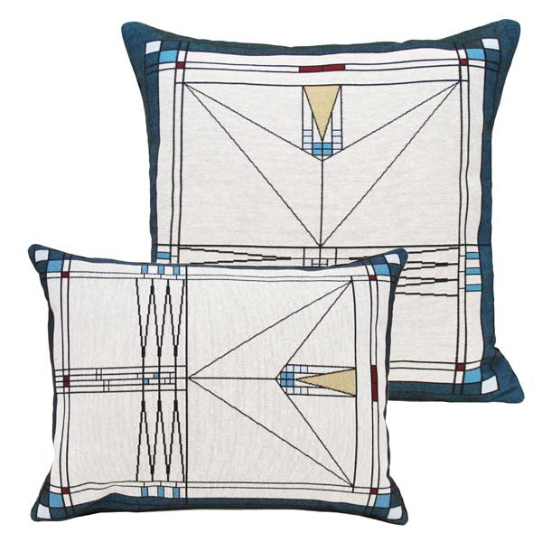 Babson House pillows by Rennie & Rose with geometric design inspired by Louis Sullivan’s 1907 Prairie-style windows, in rich colors and woven textures.