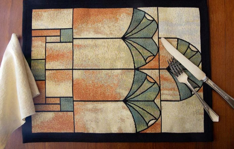 Gingko Window textile inspired by Charles Rennie Mackintosh stained-glass design in neutrals, greens, and terracotta with black accents