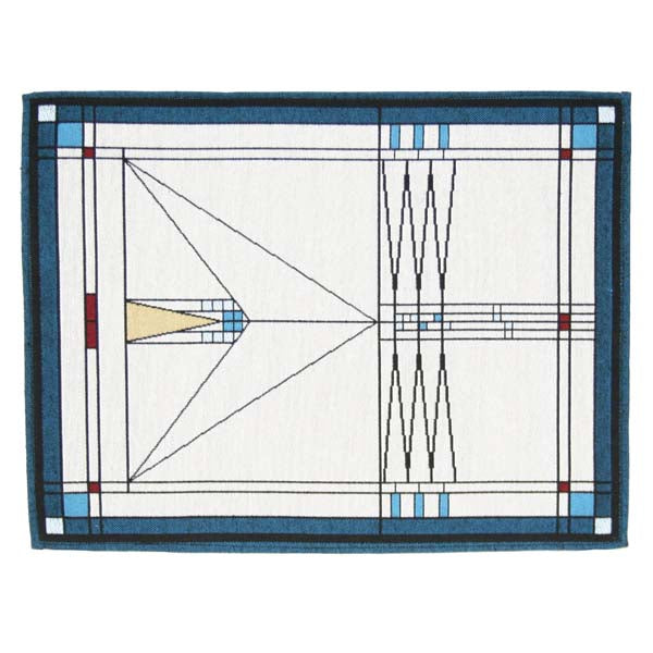 Babson House placemat by Rennie & Rose with geometric design inspired by Louis Sullivan’s 1907 Prairie-style windows, in rich colors and woven textures.