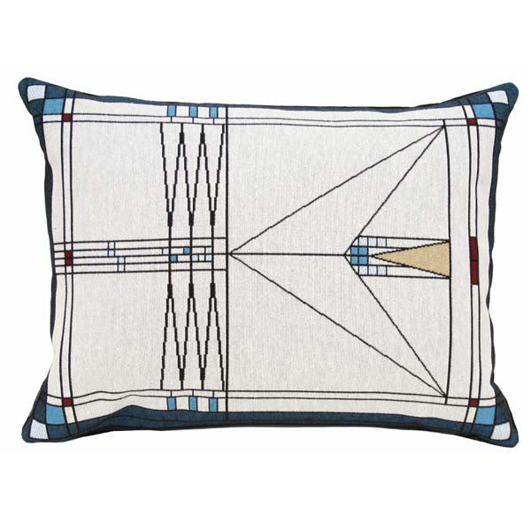 Babson House pillow by Rennie & Rose with geometric design inspired by Louis Sullivan’s 1907 Prairie-style windows, in rich colors and woven textures.