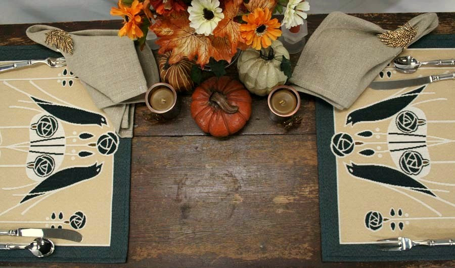 Rennie & Rose Exclusive Birds of a Feather Placemats in a fall table setting.  Also available in a table runner and pillows.