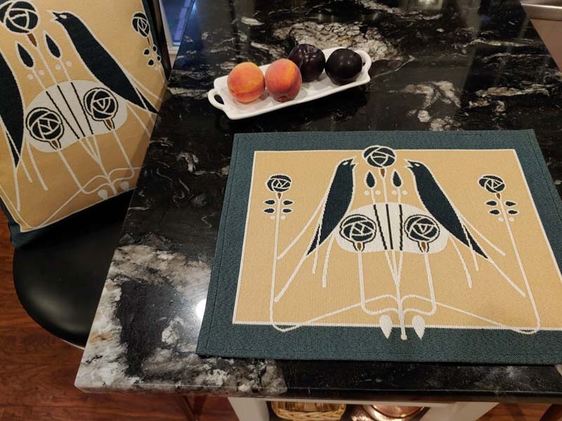 Rennie & Rose Exclusive Birds of a Feather Placemat & Pillow.  Matching Table runner and pillow available.