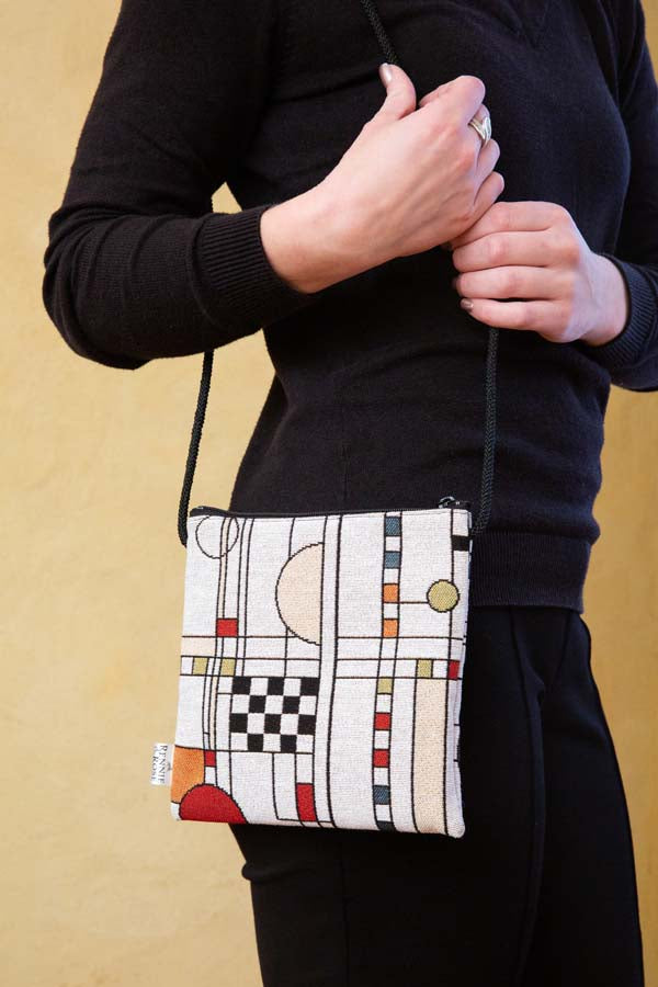 Circle Study jacquard handbag designed by Lisa Rose for Rennie & Rose, featuring zip closure and 40-inch cord strap