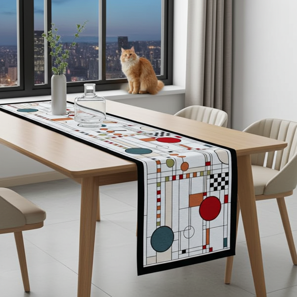 This unique design draws inspiration from the art of Calder and the beauty of contemporary stained-glass windows. A background of varied squares and rectangles forms an intricate grid, layered with scattered circles to create a sense of depth and movement. 