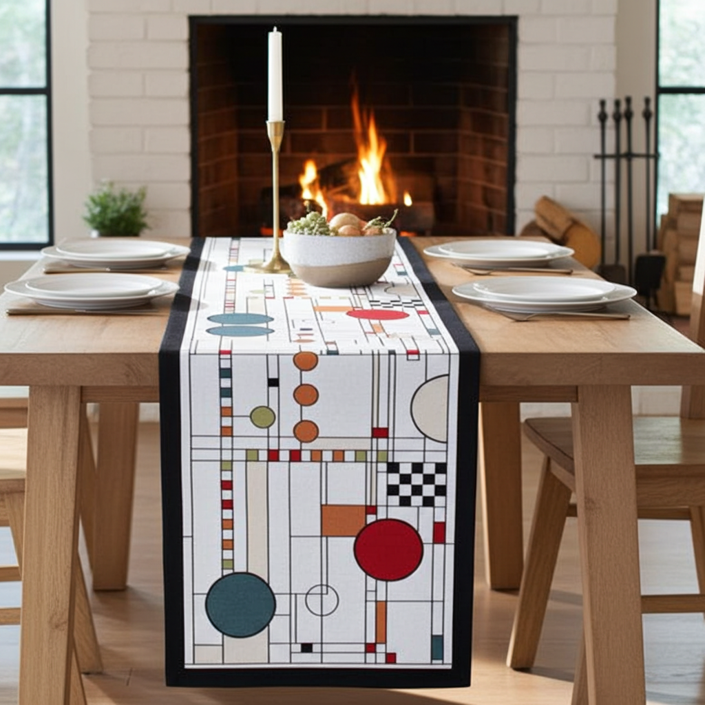 This unique design draws inspiration from the art of Calder and the beauty of contemporary stained-glass windows. A background of varied squares and rectangles forms an intricate grid, layered with scattered circles to create a sense of depth and movement. 