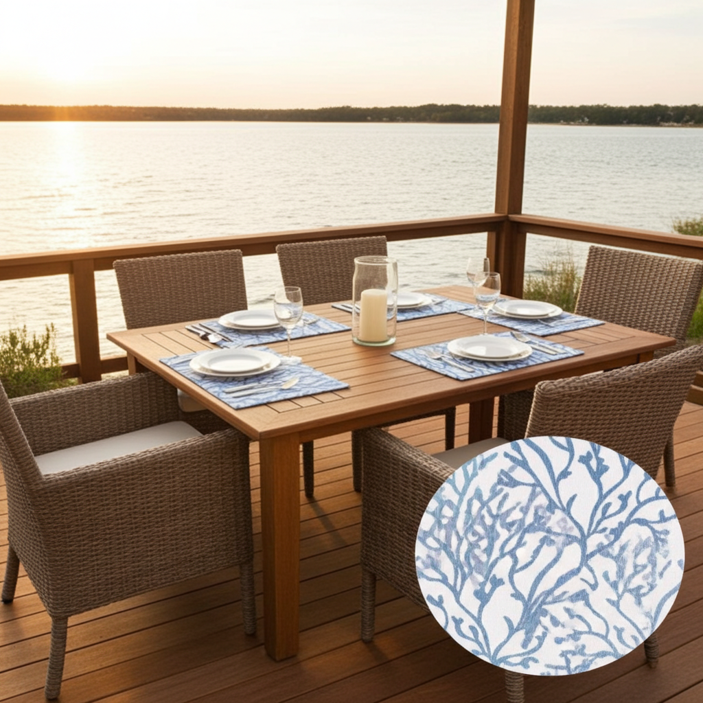 Outdoor dining set on a wooden deck overlooking a lake at sunset, featuring a rectangular wood table and woven wicker chairs with blue-and-white placemats. A circular inset shows a close-up of the blue-and-white patterned fabric.