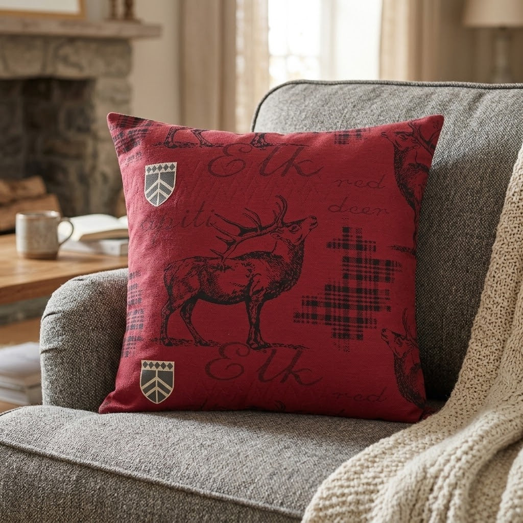 Scarlet decorative pillow with woven elk design