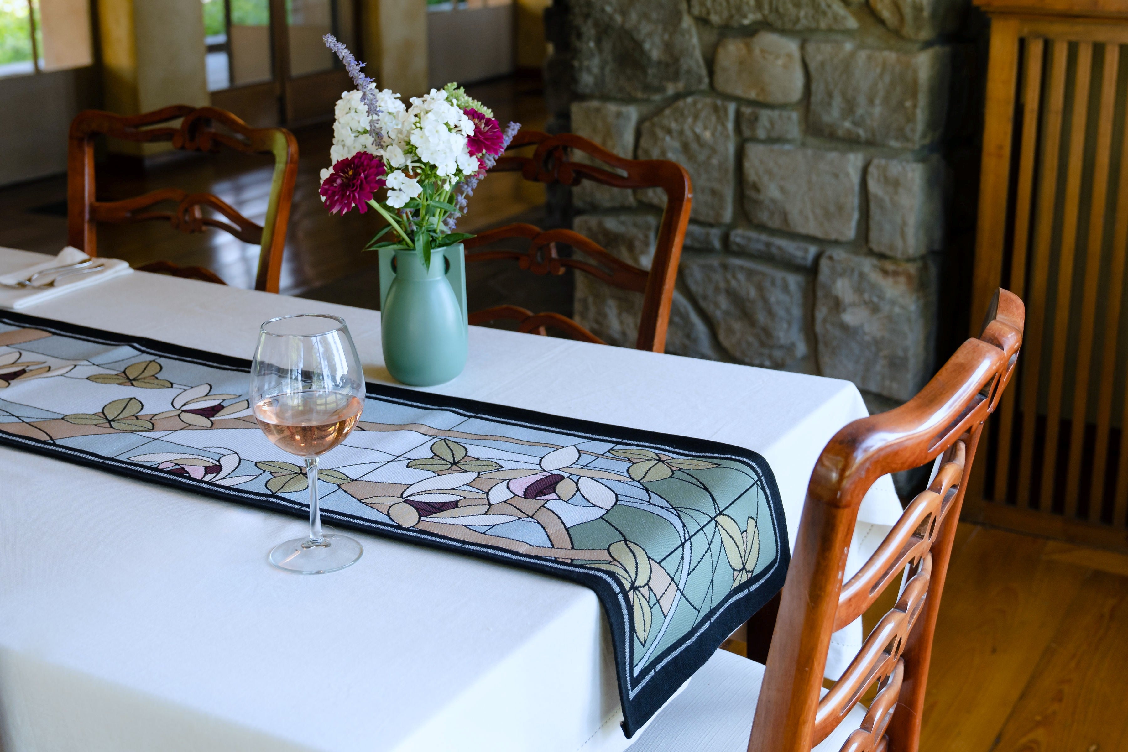 Rennie & Rose Flowers & Vines crystal table runner styled on a table for home décor