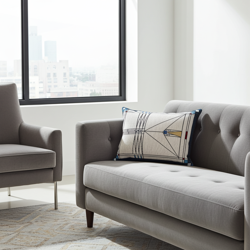 A light gray tufted loveseat in a bright modern living room, styled with a Rennie and Rose Babson House throw pillow featuring a geometric line pattern. 