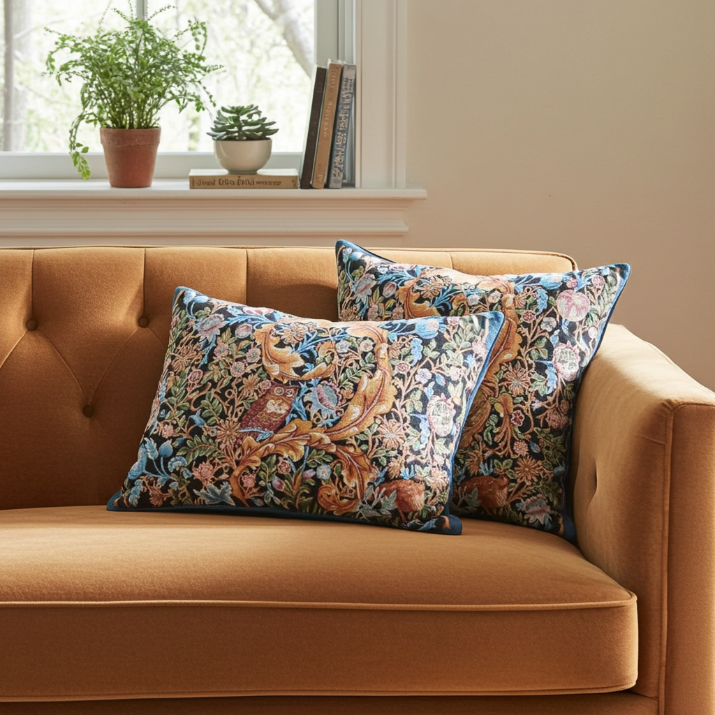 Two decorative throw pillows with an intricate floral and bird pattern in blue, gold, and green, styled on a tufted mustard-brown velvet sofa in front of a window with potted plants.