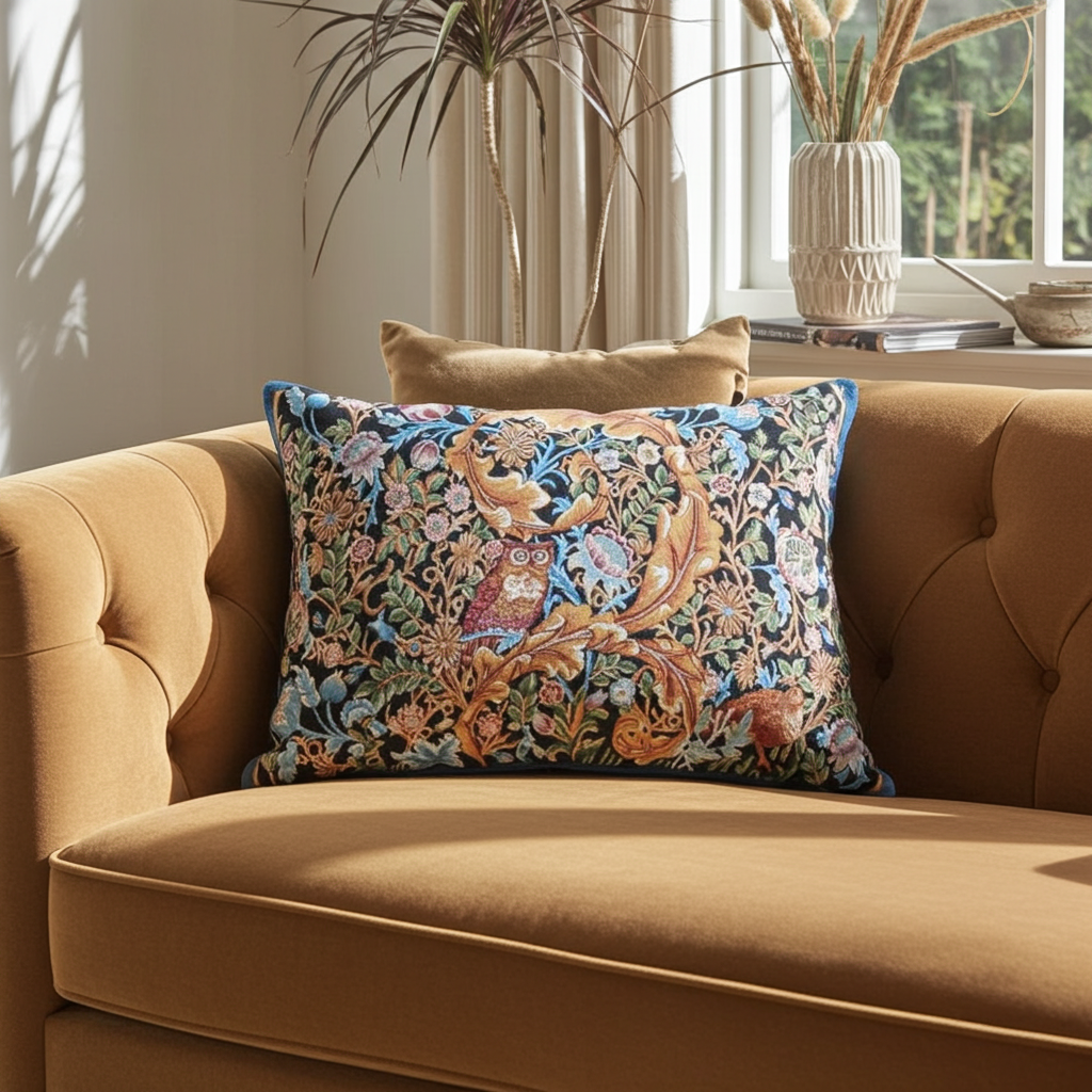 A decorative throw pillow with an intricate multicolor floral and bird pattern, styled on a tan velvet tufted sofa in a sunlit room.
