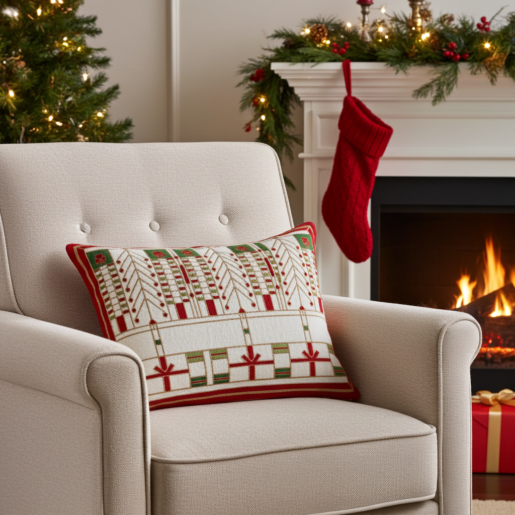 Decorative pillow on a beige armchair with a Christmas tree and stockings in the background.