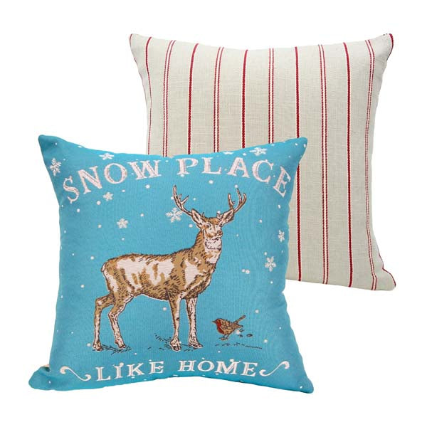 Rennie & Rose Snow Place Like Home Stag Pillow with stripe back.