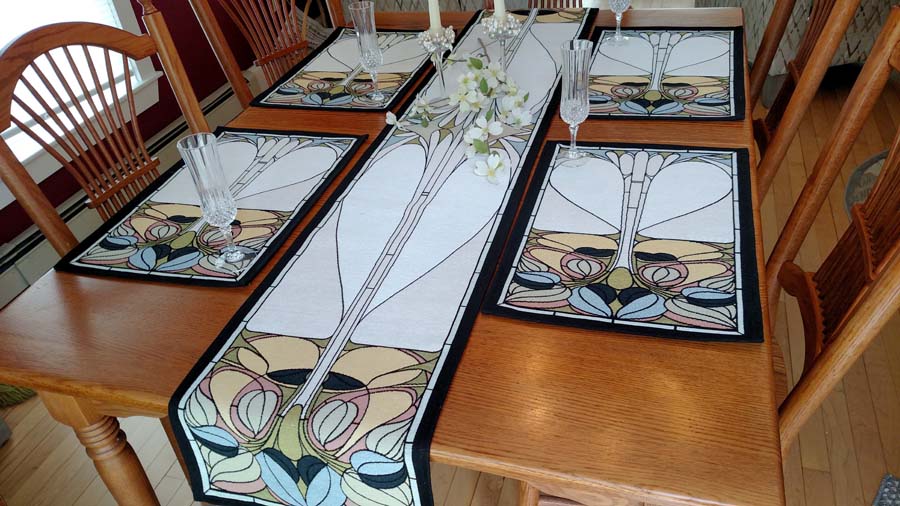Rennie & Rose Exclusive Art Nouveau Floral Window Peridot Placemat & Table Runner on table