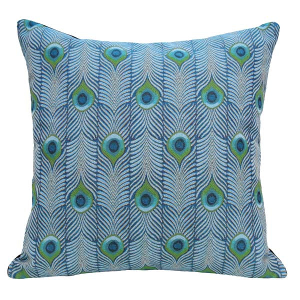 Tiffany Peacock 18" pillow in our jacquard fabric by Rennie & Rose, inspired by a Favrile Peacock Vase, in turquoise, teal, and green tones