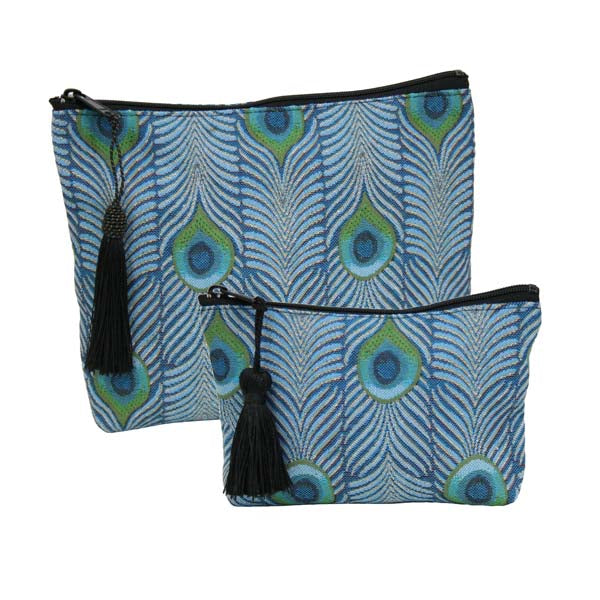 Tiffany Peacock Zip Accessory Cases in our jacquard fabric by Rennie & Rose, inspired by a Favrile Peacock Vase, in turquoise, teal, and green tones
