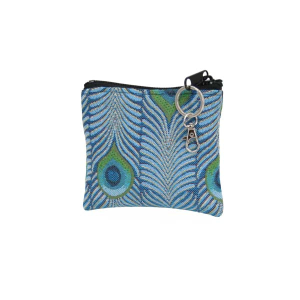 Tiffany Peacock Coin Case in our jacquard fabric by Rennie & Rose, inspired by a Favrile Peacock Vase, in turquoise, teal, and green tones