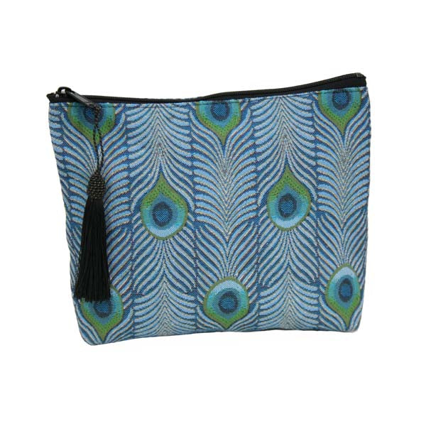 Tiffany Peacock Large Zip Accessory Case in our jacquard fabric by Rennie & Rose, inspired by a Favrile Peacock Vase, in turquoise, teal, and green tones