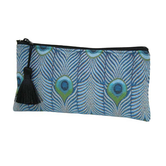 Tiffany Peacock Pencil Case in our jacquard fabric by Rennie & Rose, inspired by a Favrile Peacock Vase, in turquoise, teal, and green tones
