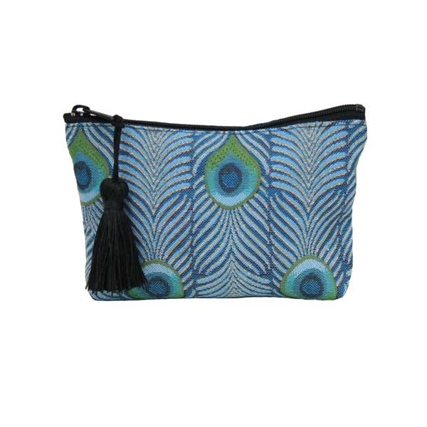 Tiffany Peacock Small Zip Accessory in our jacquard fabric by Rennie & Rose, inspired by a Favrile Peacock Vase, in turquoise, teal, and green tones