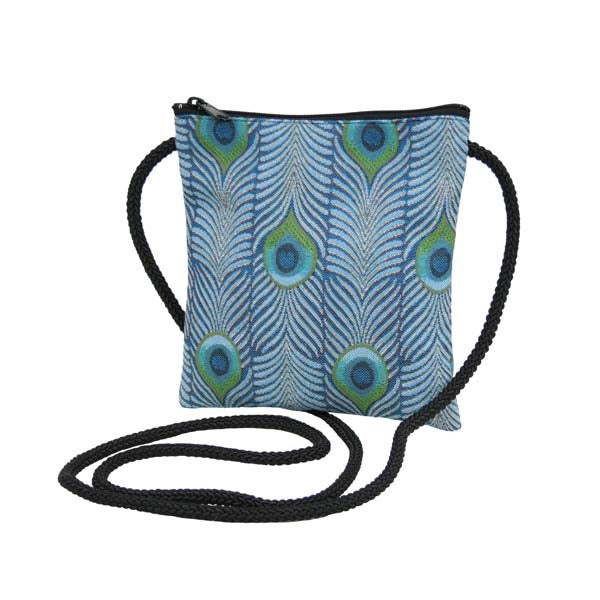 Tiffany Peacock Abby Bag in our jacquard fabric by Rennie & Rose, inspired by a Favrile Peacock Vase, in turquoise, teal, and green tones