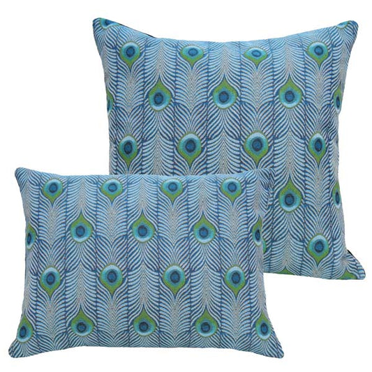Tiffany Peacock Pillows in our jacquard fabric by Rennie & Rose, inspired by a Favrile Peacock Vase, in turquoise, teal, and green tones