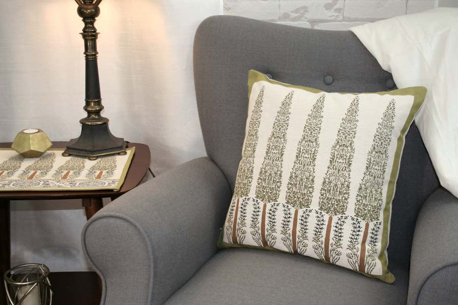 Morse Museum pillow by Rennie & Rose, jacquard woven inspired by Louis C. Tiffany tilework from the Topkapi Palace, with rich, detailed pattern