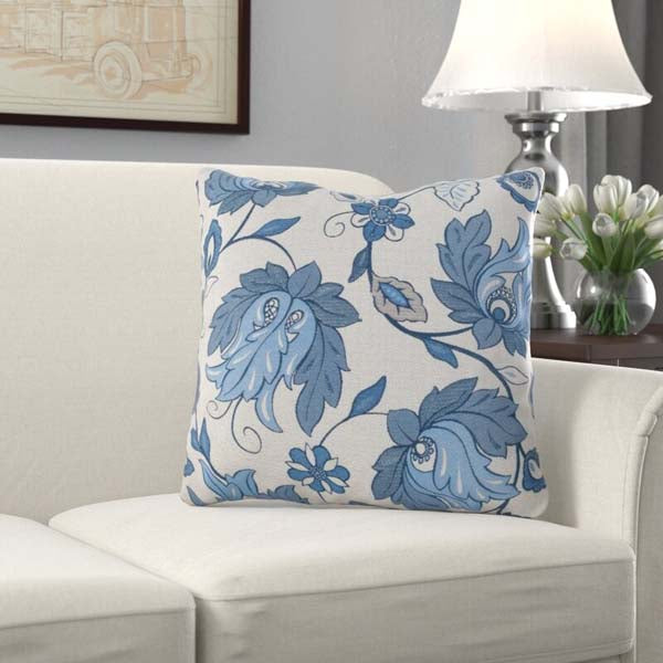 Rennie & Rose Woodmere Blue Pillow on couch.  Available in mult sizes