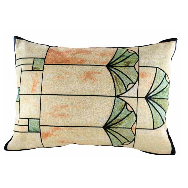 Gingko Window textile inspired by Charles Rennie Mackintosh stained-glass design in neutrals, greens, and terracotta with black accents