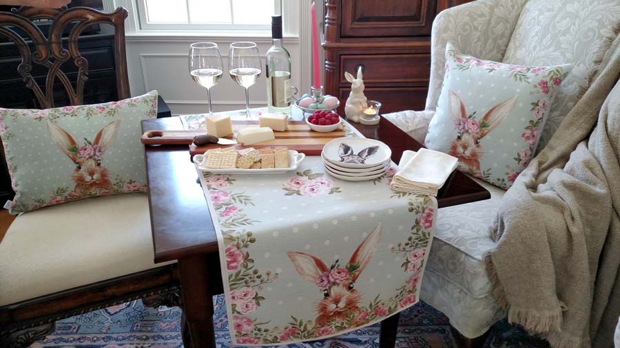 Bunny and Rose Blooms Pillows by Rennie & Rose pillows, placemats and a table runner